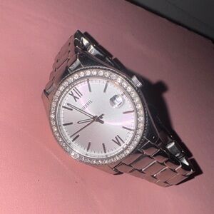 Fossil Silver-Tone Crystal Bezel Bracelet Watch